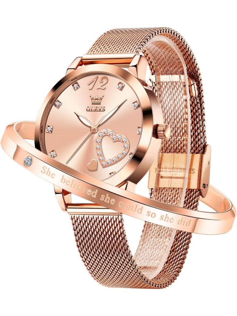 Stylish Rose Gold Women's Watch - Mesh Strap, Waterproof, Luminous, Heart Design